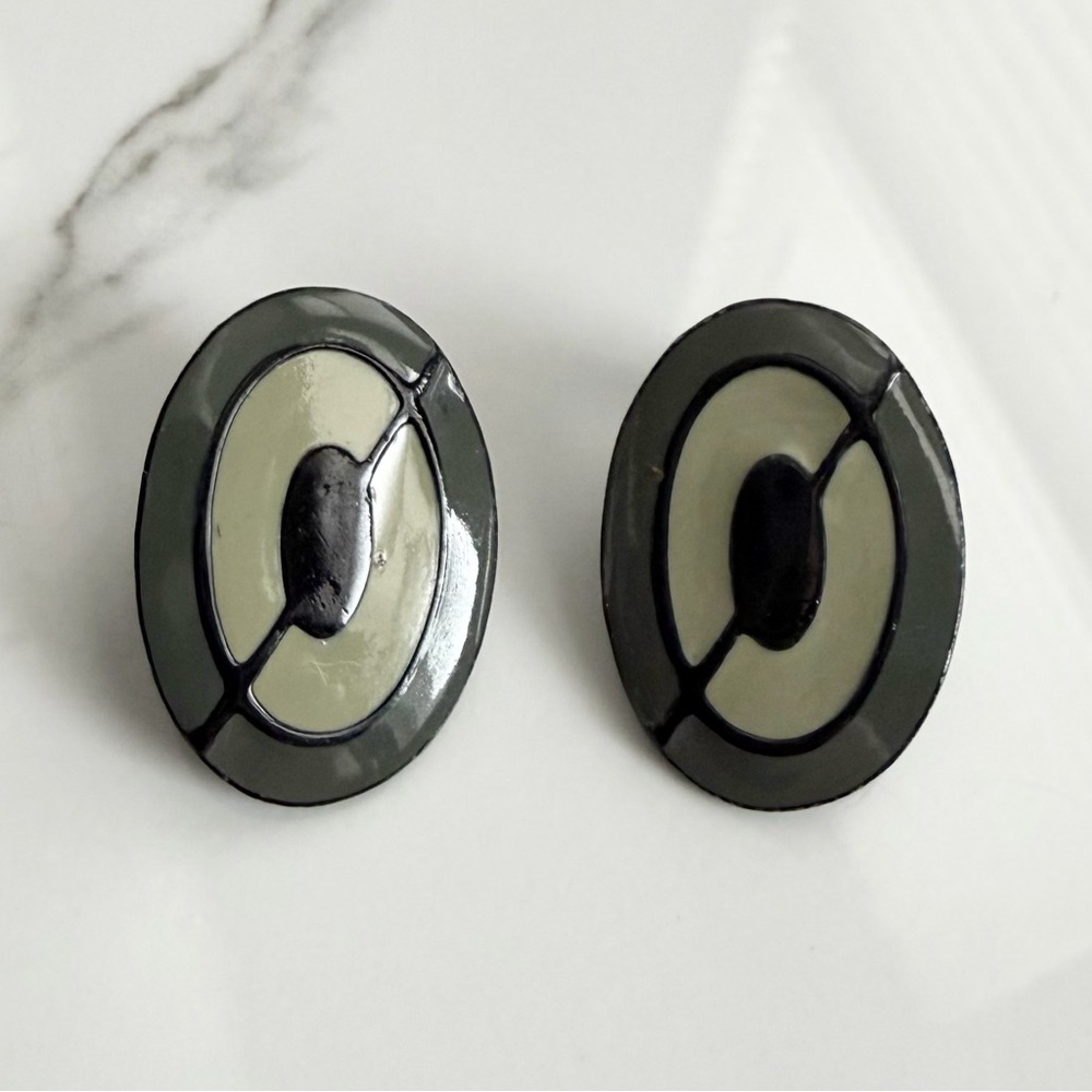 Vintage 80s Enamel Geo Oval Earrings
